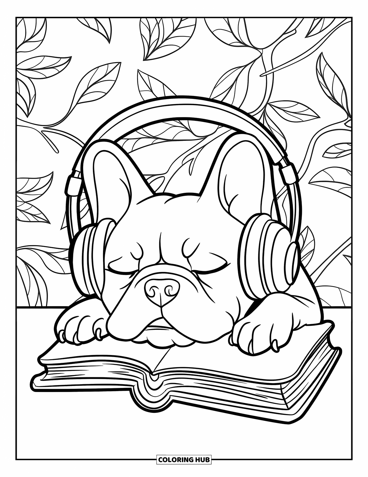 Desenho de Bulldog Francês para Crianças: Bulldog Francês cochila com fones de ouvido e descansa em um fundo frondoso