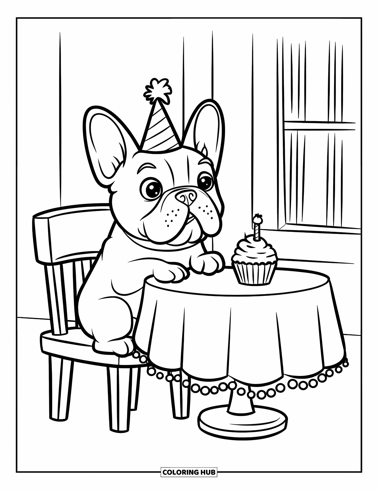 Desenho de Bulldog Francês para Crianças: Bulldog Francês sentado a uma pequena mesa com um cupcake e um chapéu de festa