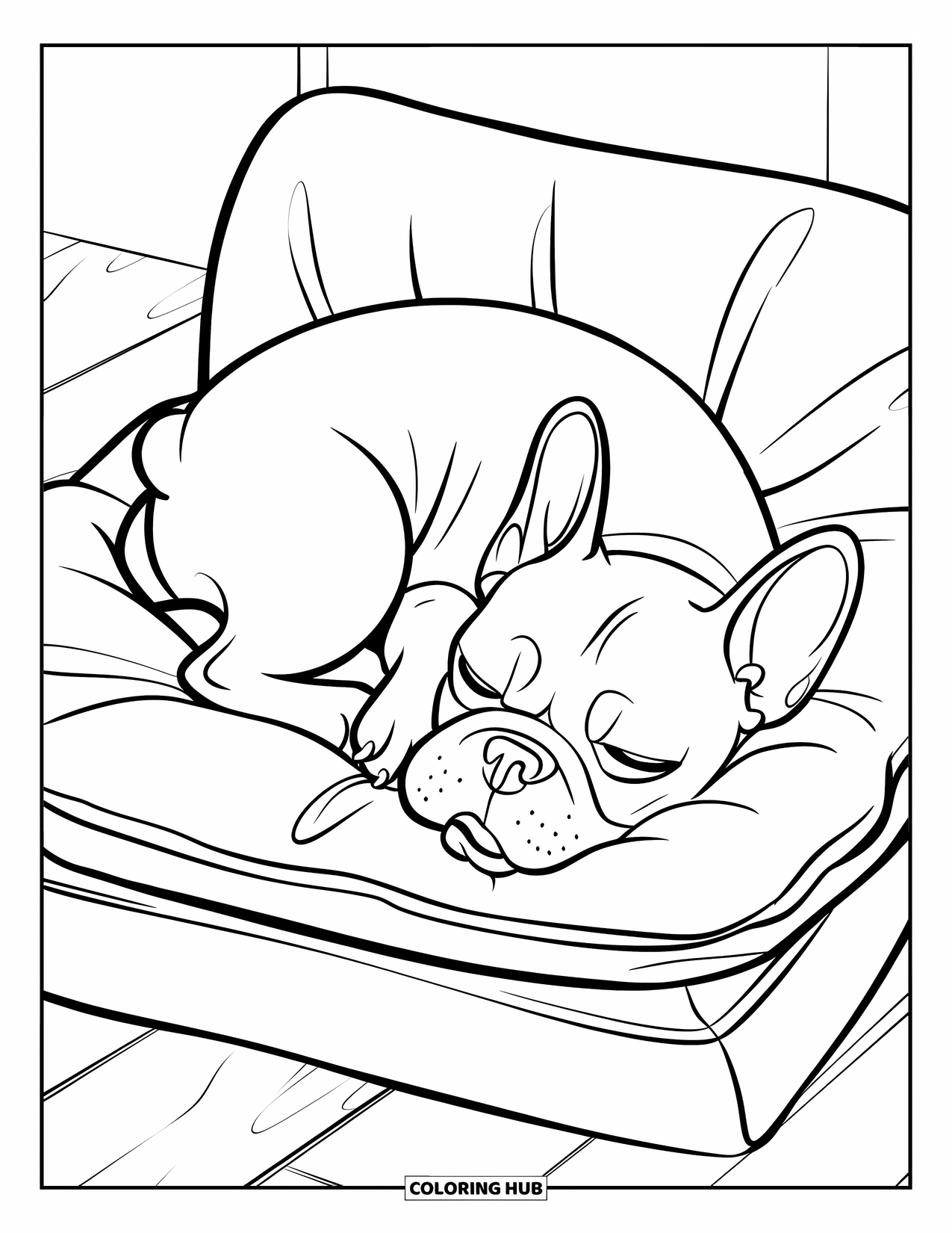 Desenho de Bulldog Francês para Crianças: Bulldog Francês dorme em uma almofada, com a língua ligeiramente para fora