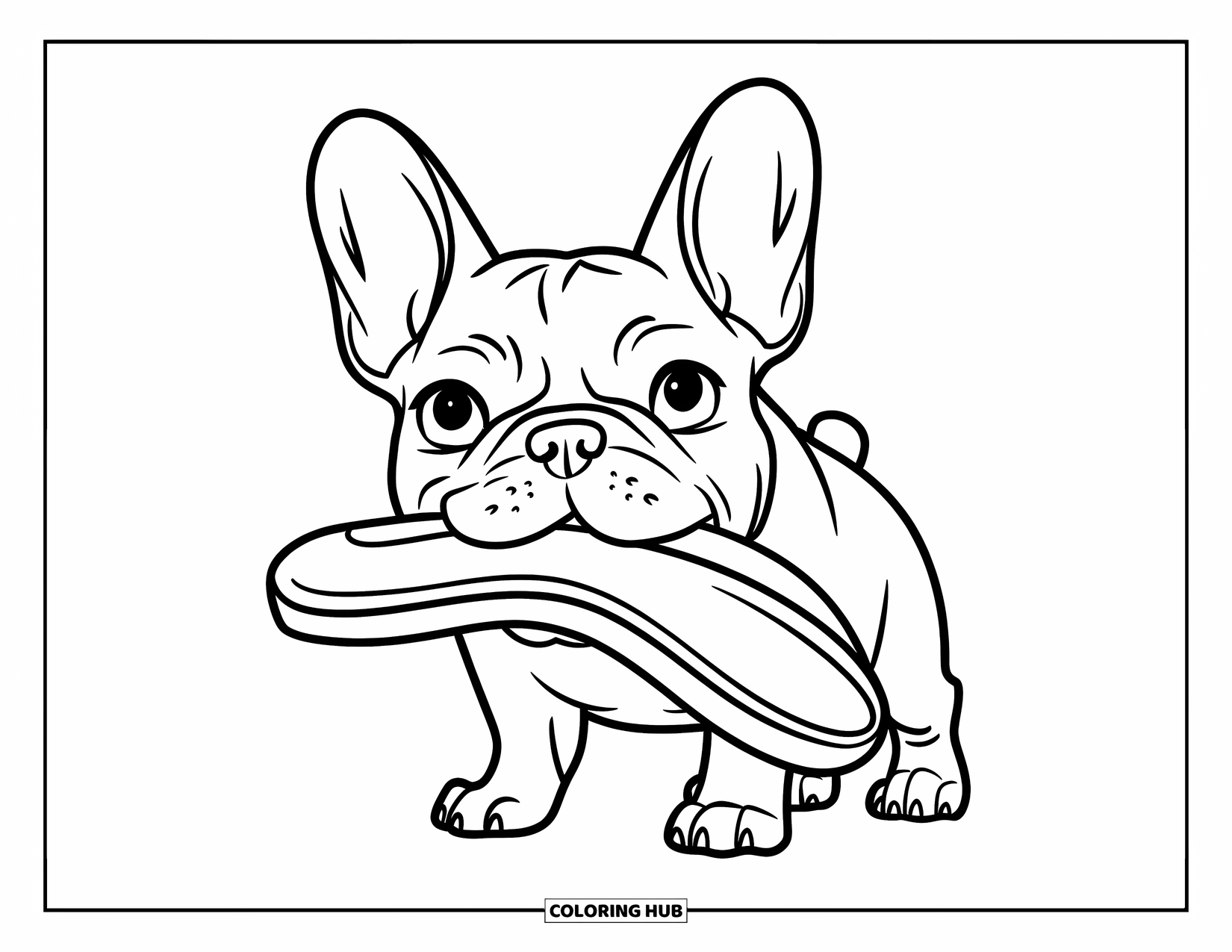 Desenho de Bulldog Francês para Crianças: Bulldog Francês sorri com um chinelo descansando perto de sua pata