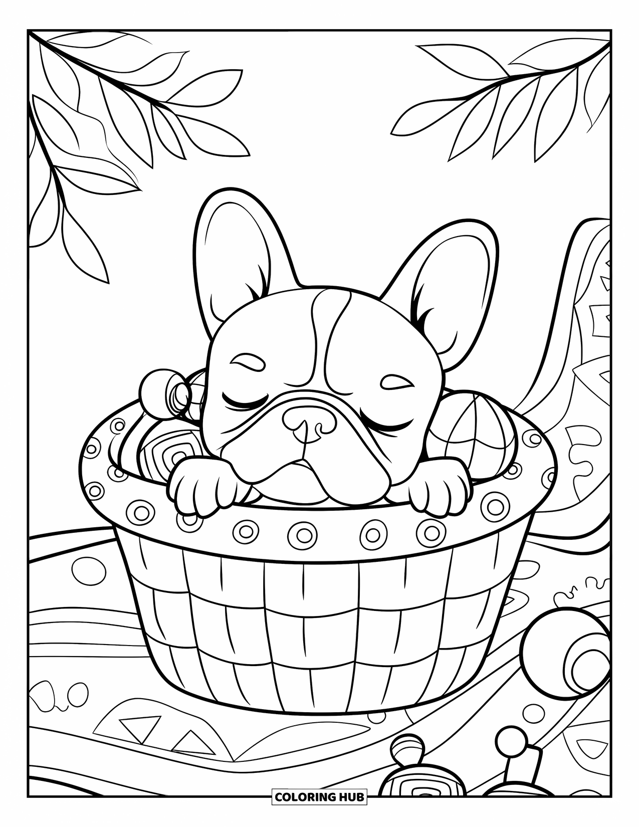 Desenho de Bulldog Francês para Crianças: Bulldog Francês se aconchega em uma cesta, descansando a cabeça em um brinquedo