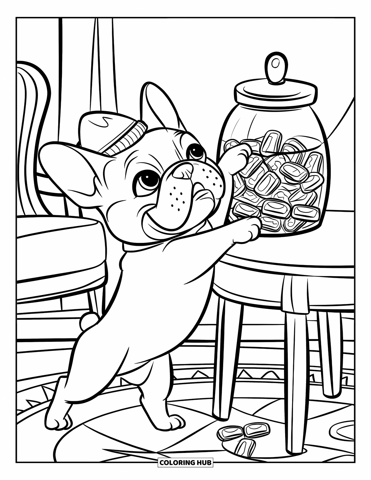 Desenho de Bulldog Francês para Crianças: Bulldog Francês se estica para pegar guloseimas na mesa em uma sala aconchegante