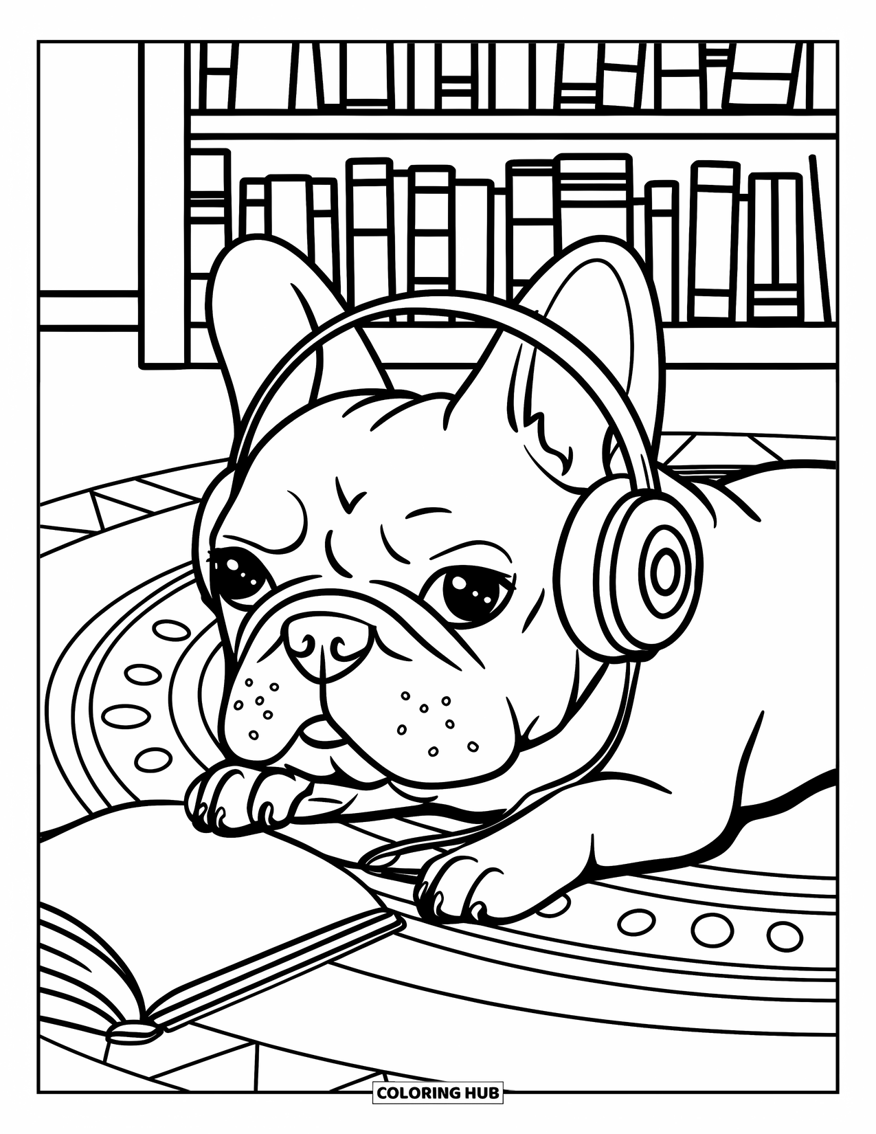 Desenho de Bulldog Francês para Crianças: Bulldog Francês usa fones de ouvido e se deita ao lado de um livro aberto