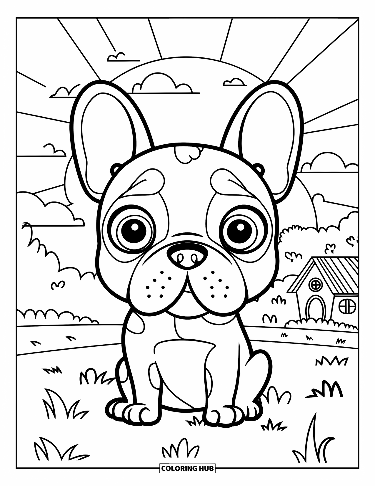 Desenho de Bulldog Francês para Crianças: Bulldog Francês com olhos grandes sentado em um campo ensolarado com árvores