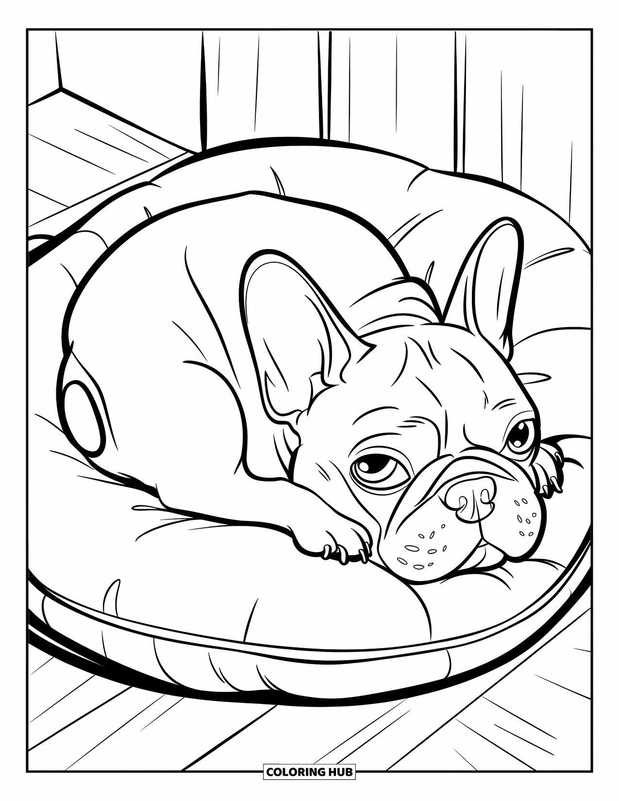 Desenho de Bulldog Francês para Crianças: Frenchie se enrola e dorme em uma almofada macia