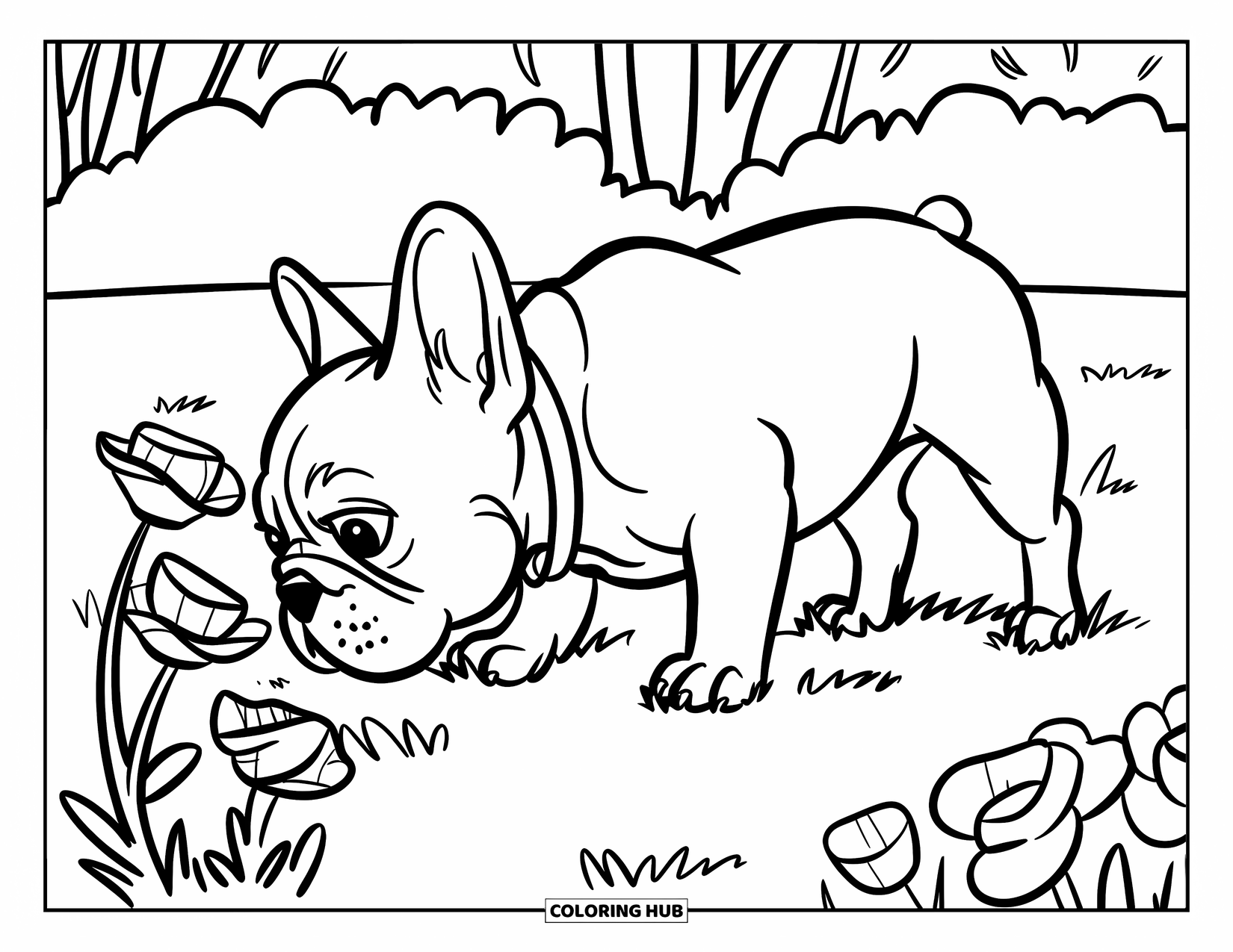 Desenho de Bulldog Francês para Crianças: Frenchie aprecia o cheiro das flores em um quintal ensolarado