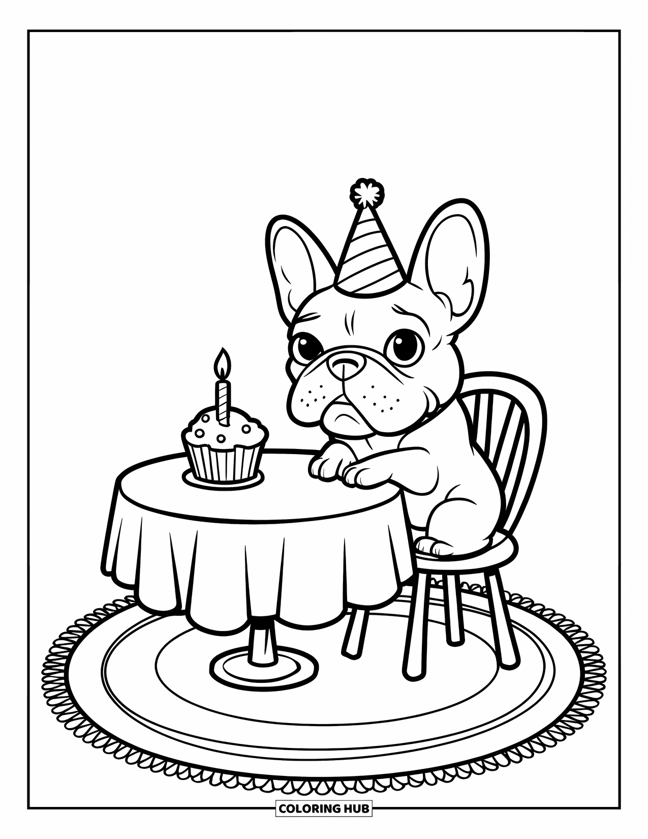 Desenho de Bulldog Francês para Crianças: Frenchie de chapéu de festa olha para um cupcake com uma vela