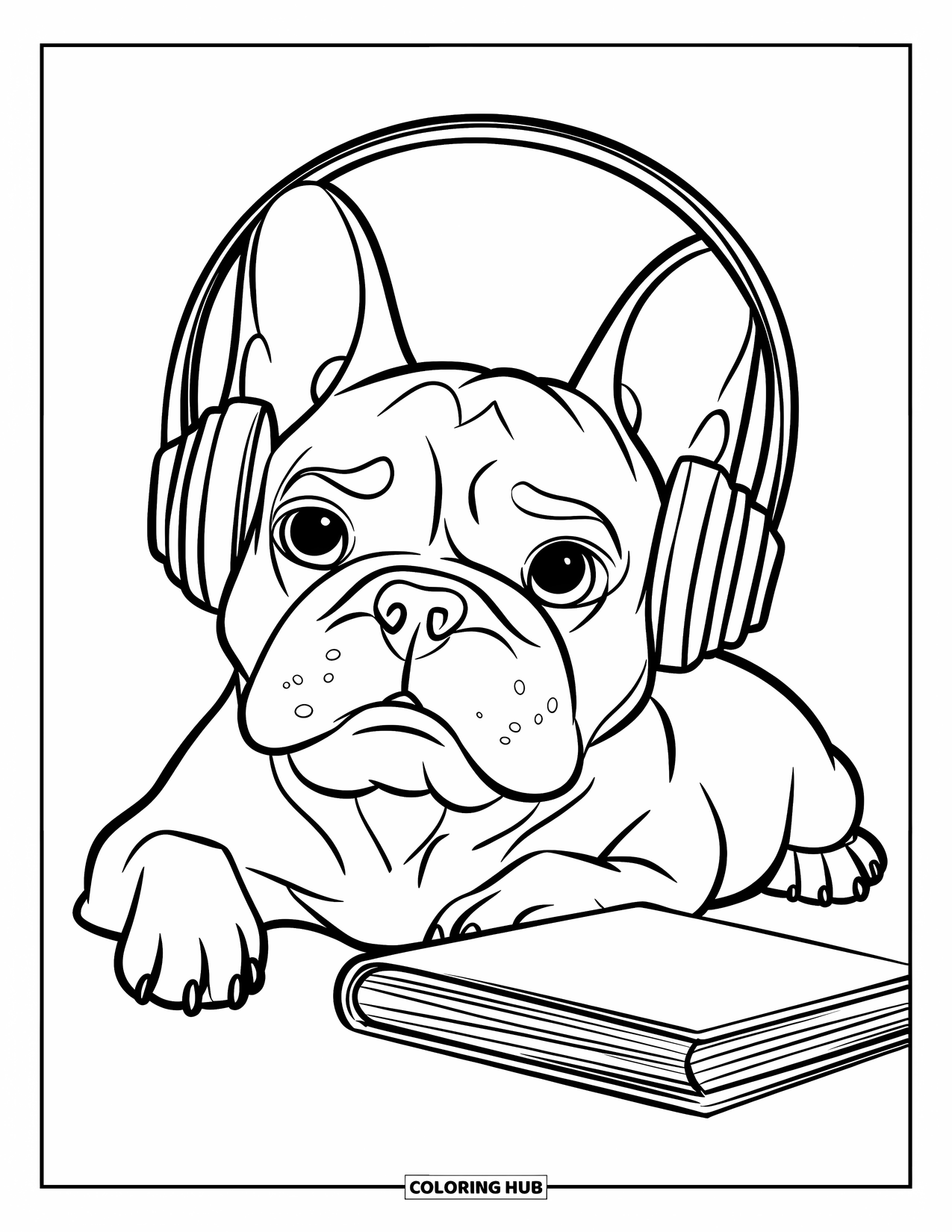 Desenho de Bulldog Francês para Crianças: Frenchie se deita com fones de ouvido perto de um livro, pronto para relaxar