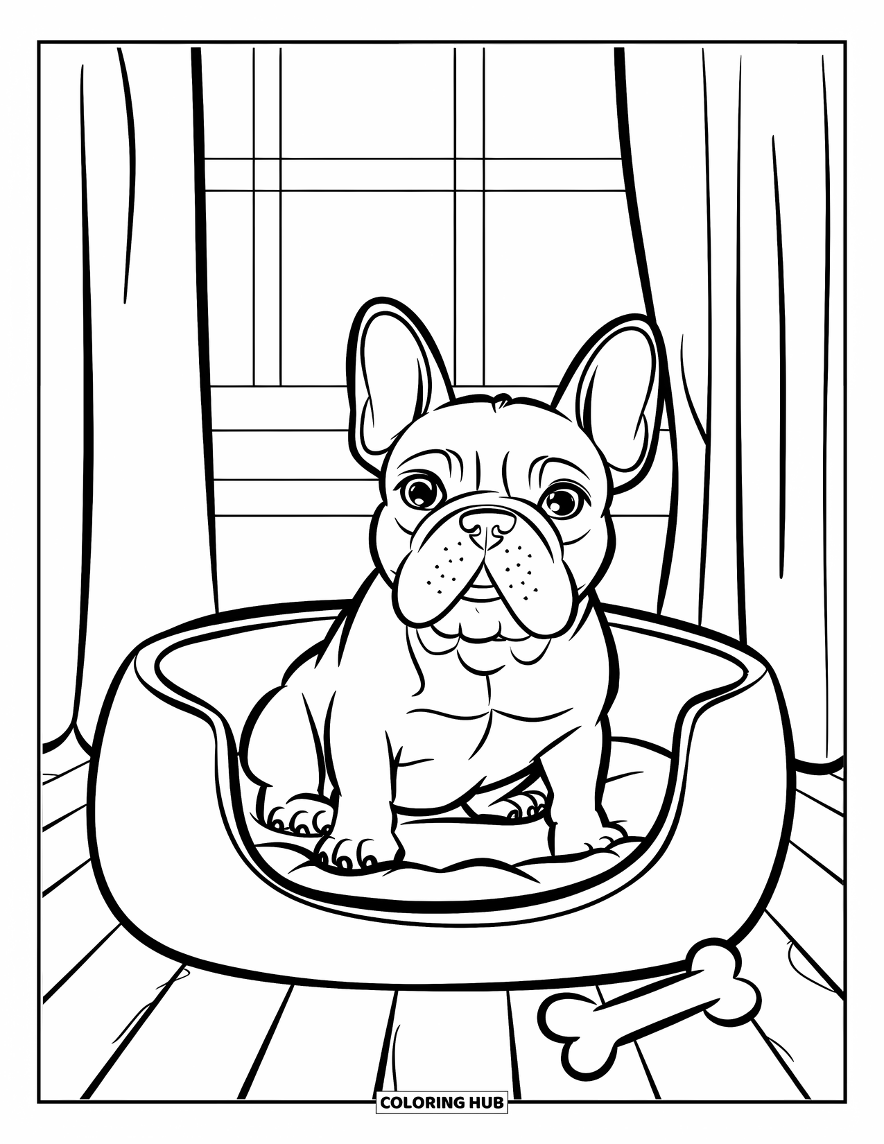 Desenho de Bulldog Francês para Crianças: Frenchie relaxa em uma cama no chão perto de uma janela