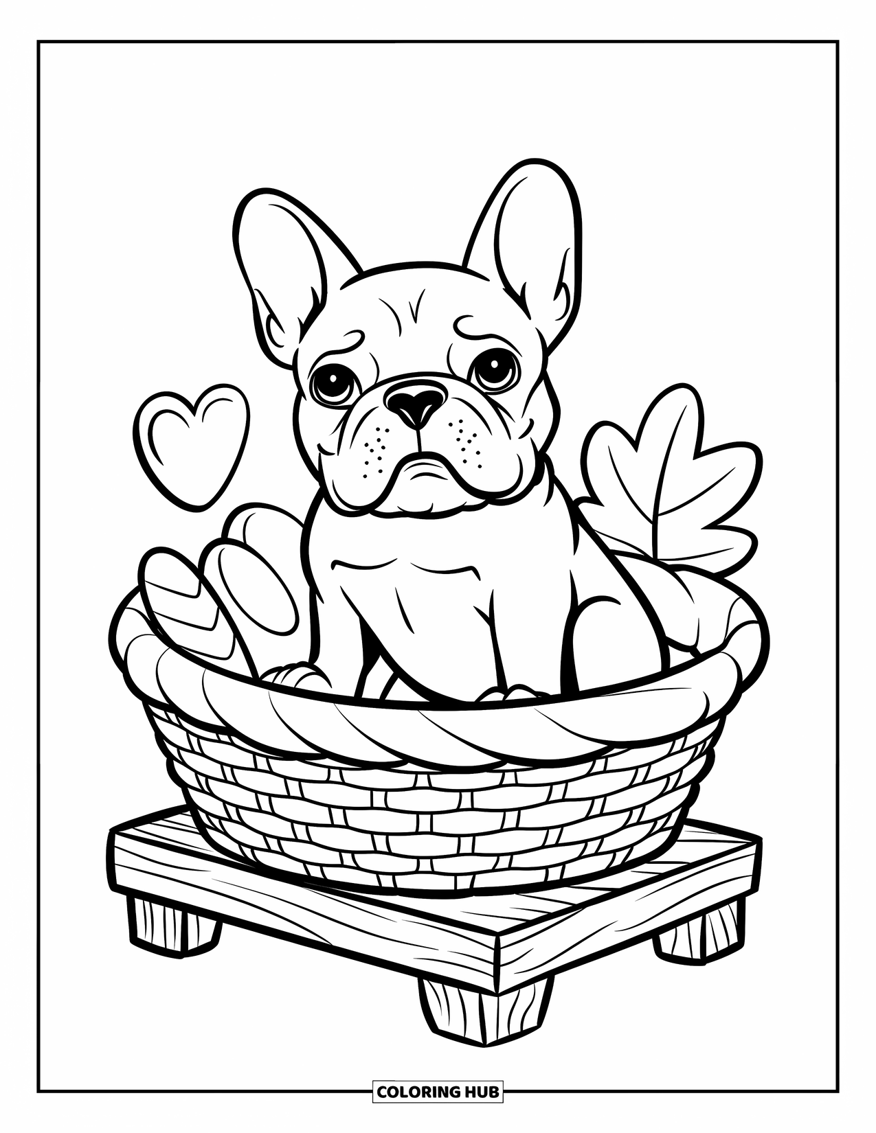 Desenho de Bulldog Francês para Crianças: Frenchie descansa em uma cesta com brinquedos em uma plataforma de madeira