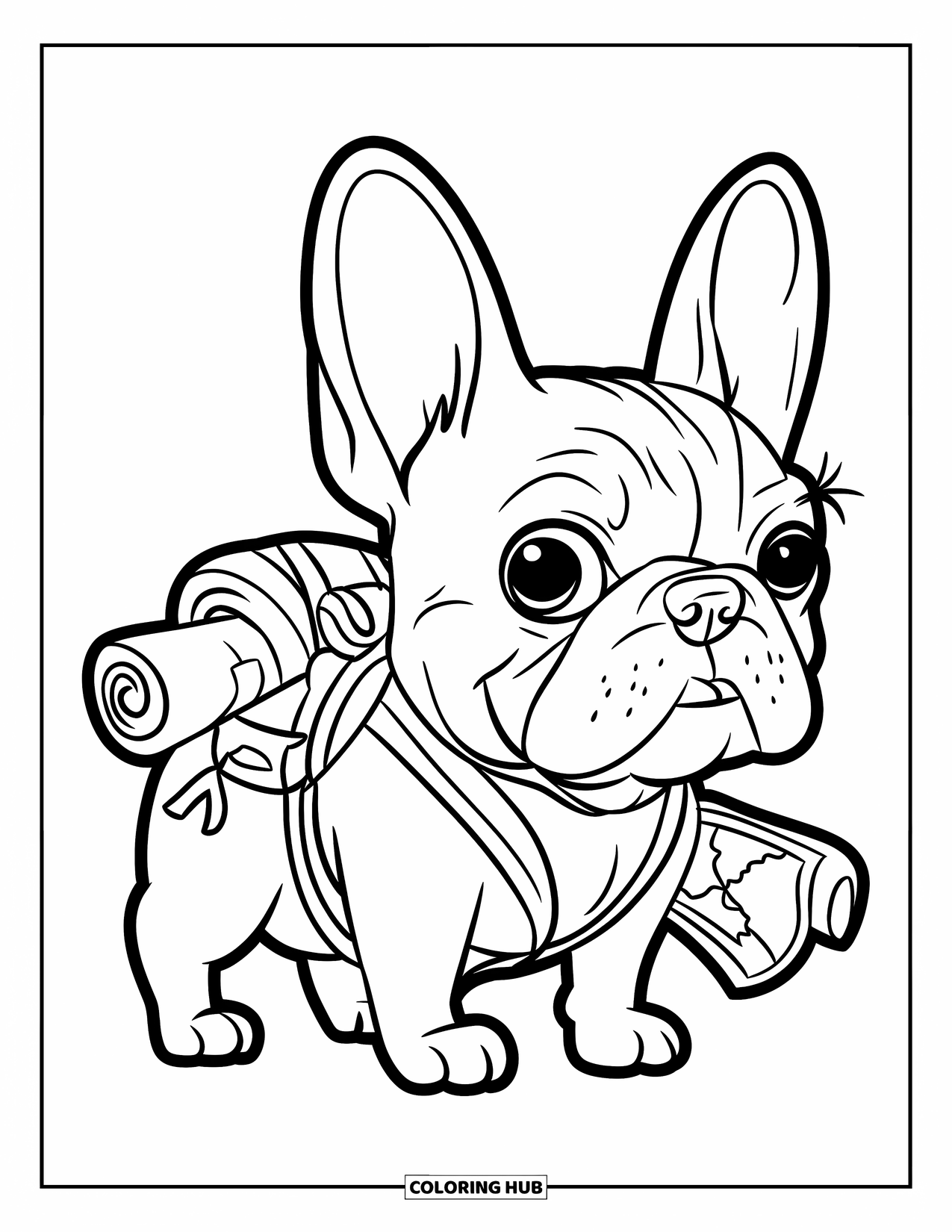 Desenho de Bulldog Francês para Crianças: Frenchie viajante com mochila e mapa explora uma trilha tranquila