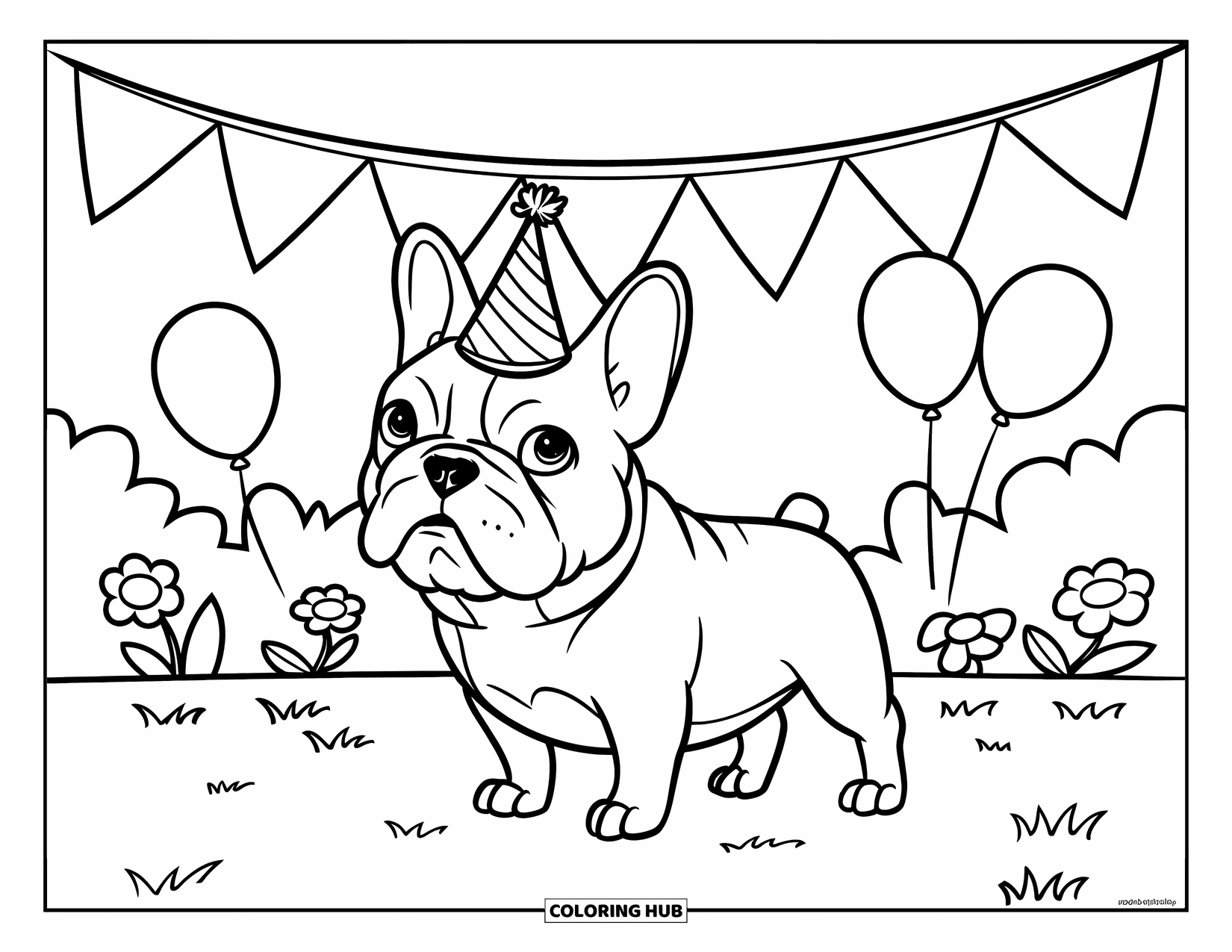 Desenho de Bulldog Francês para Crianças: Frenchie usa um chapéu de festa cercado por balões e flores