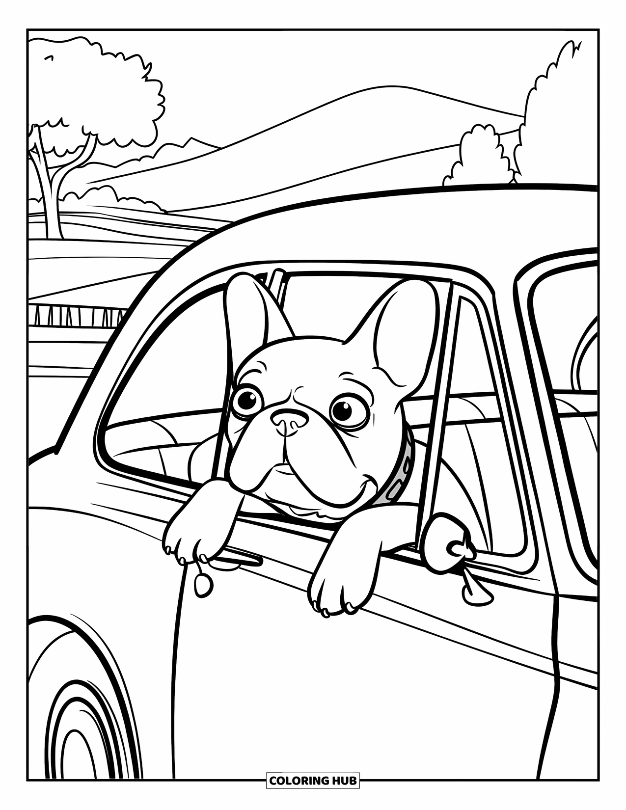 Desenho de Bulldog Francês para Crianças: Frenchie com orelhas caídas passa por árvores e uma ponte