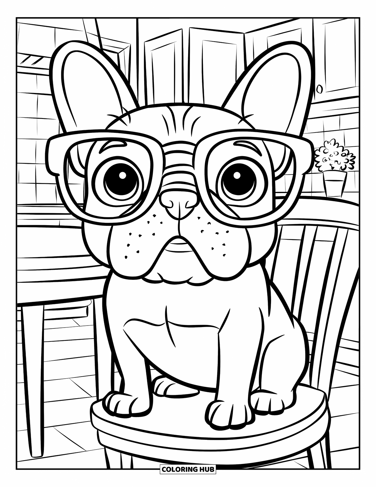 Desenho de Bulldog Francês para Crianças: Frenchie com óculos sentado em uma cadeira de cozinha perto de uma planta