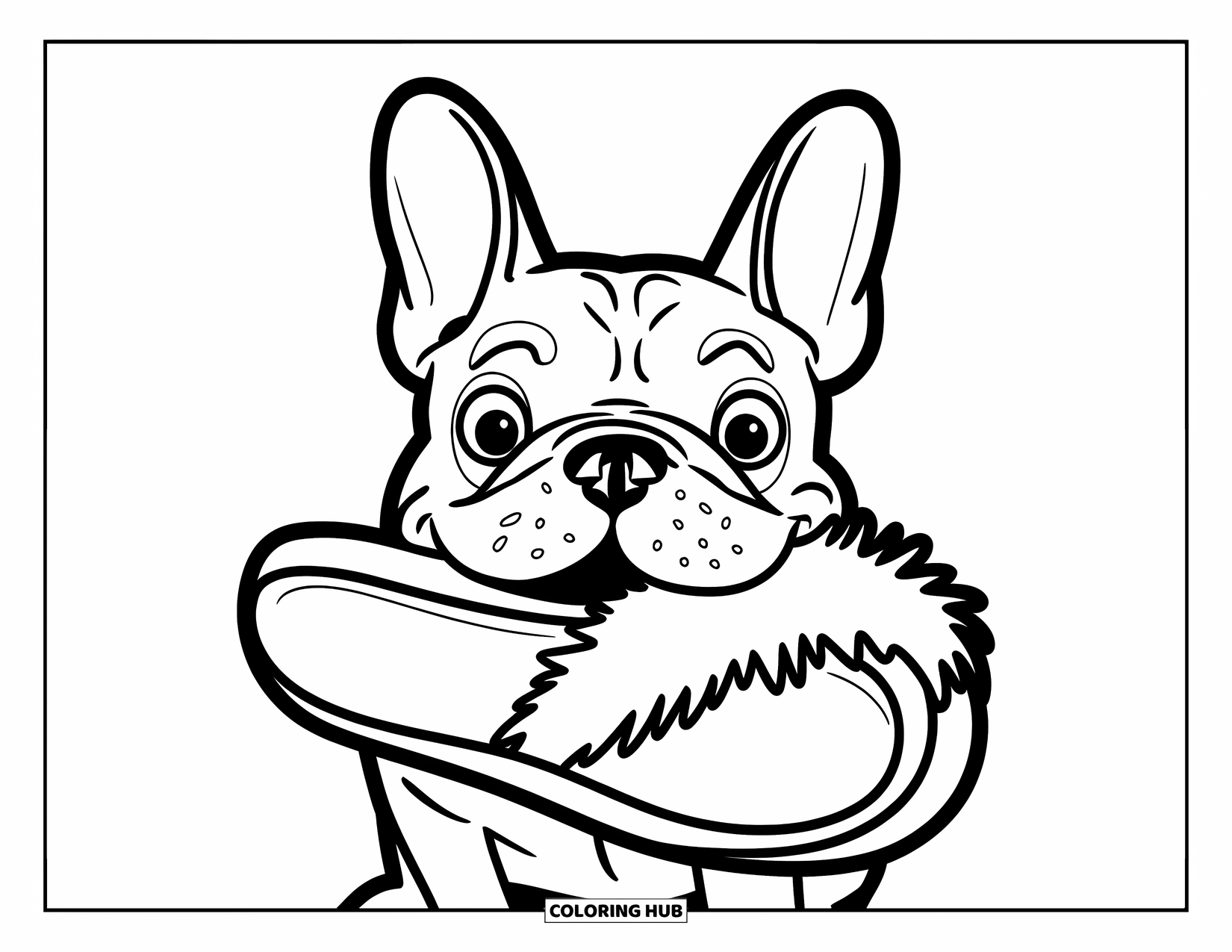 Desenho de Bulldog Francês para Crianças: Frenchie com olhos arregalados segura alegremente um chinelo fofo