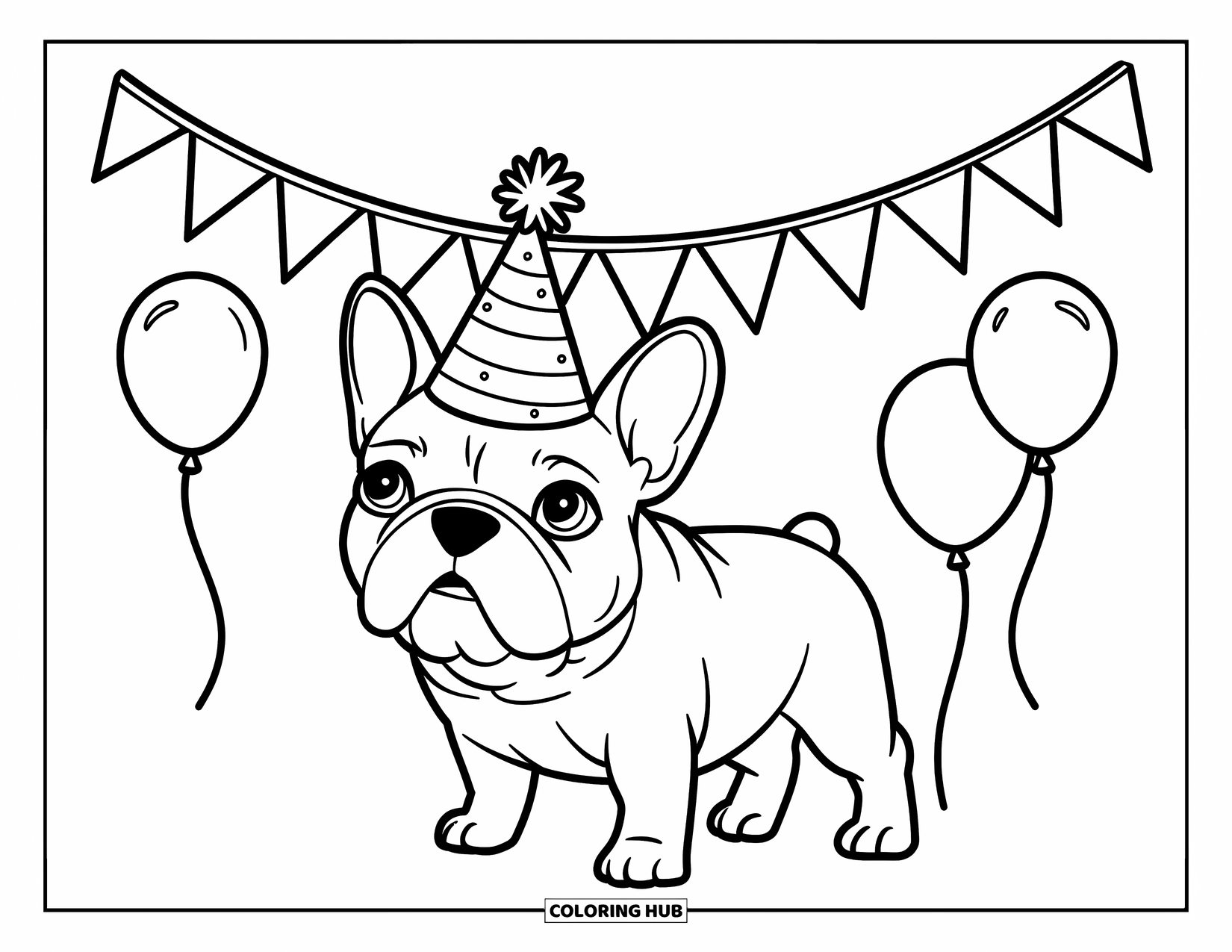Desenho de Bulldog Francês para Crianças: Bulldog Francês pronto para a festa em um chapéu com decorações atrás