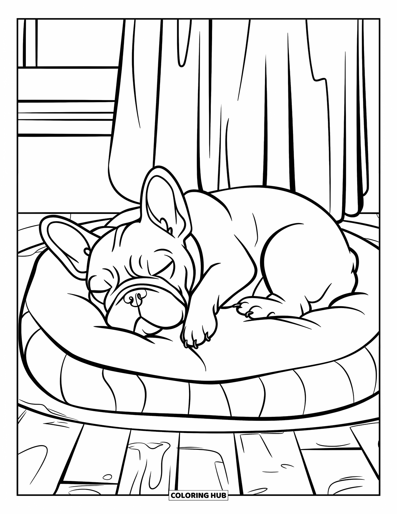 Desenho de Bulldog Francês para Crianças: Bulldog Francês dormindo descansa em uma almofada perto de uma janela ensolarada