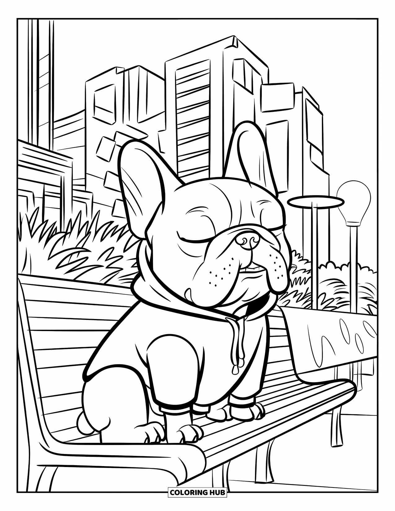 Desenho de Bulldog Francês para Crianças: Frenchie sonolento de moletom aproveita o ar fresco em um banco da cidade