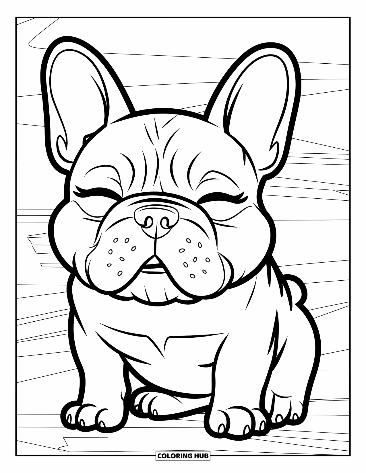 Desenho de Bulldog Francês para Crianças: Frenchie sorridente com os olhos fechados sentado em um espaço tranquilo