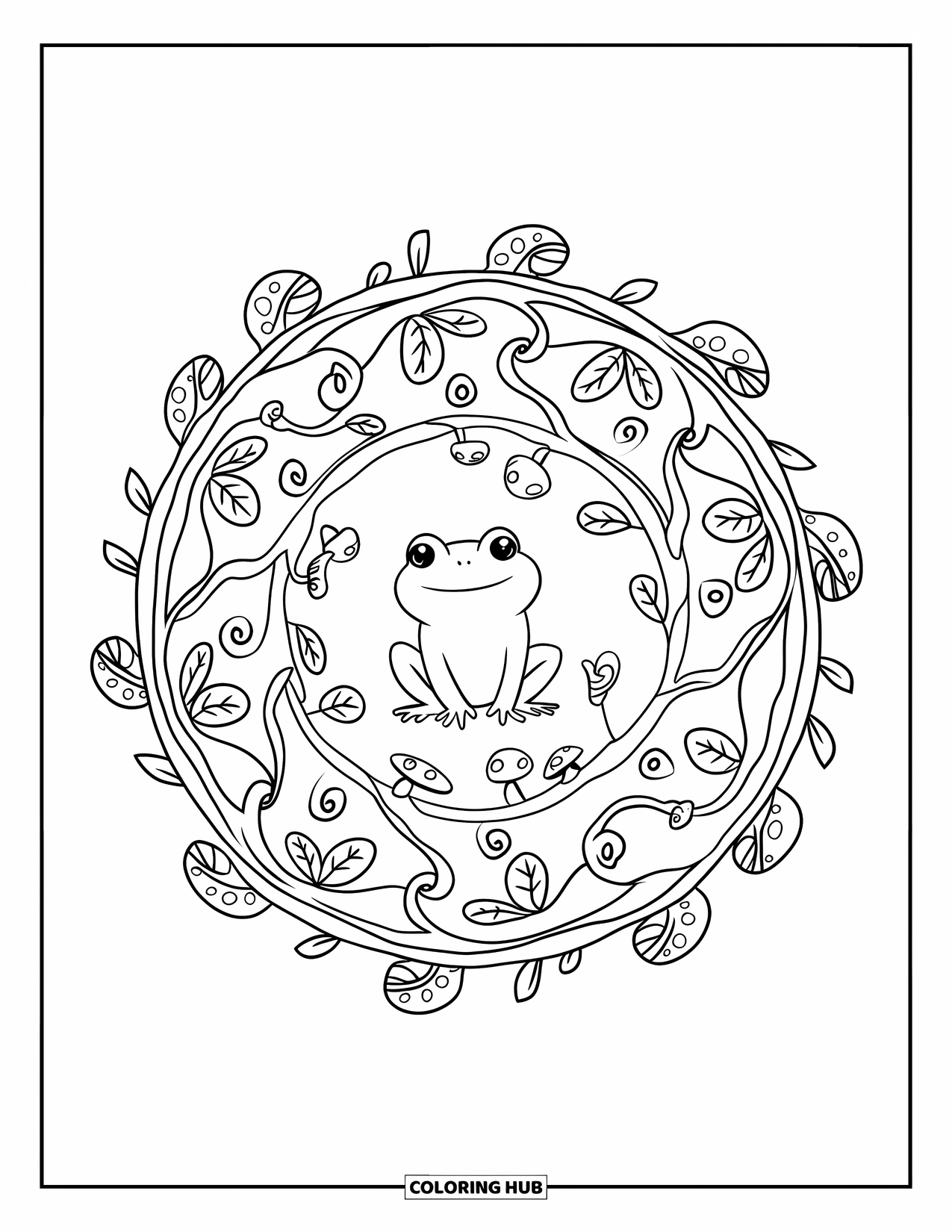 Frog Coloring Page for Adults: A calm frog sits in a vine mandala with mushrooms, leaves, and tiny floral swirls