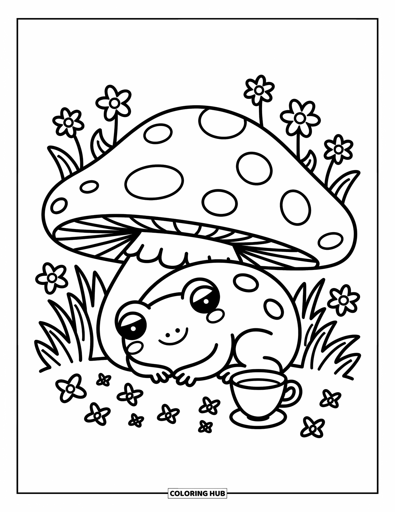 Frog Coloring Page for Adults: A curled-up frog naps under a mushroom with flowers and grass around it