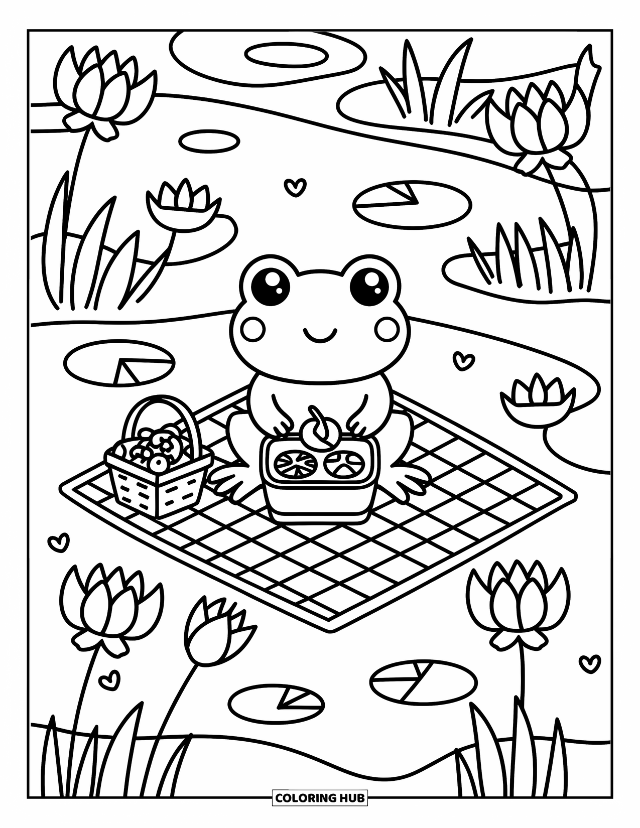 Frog Coloring Page for Adults: A cute frog eats lunch on a picnic mat beside lotus flowers and lily pads
