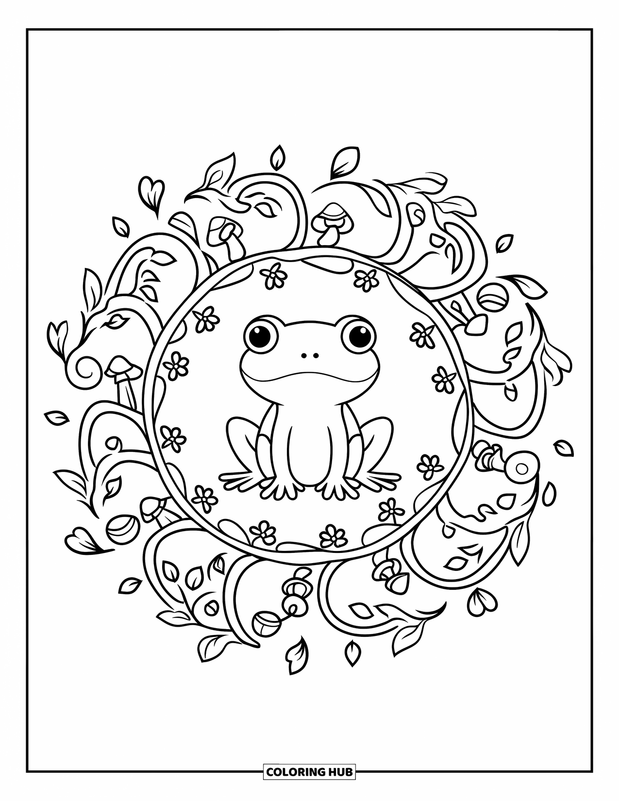Frog Coloring Page for Adults: A cute frog rests inside a swirling vine mandala with mushrooms, flowers, and curls