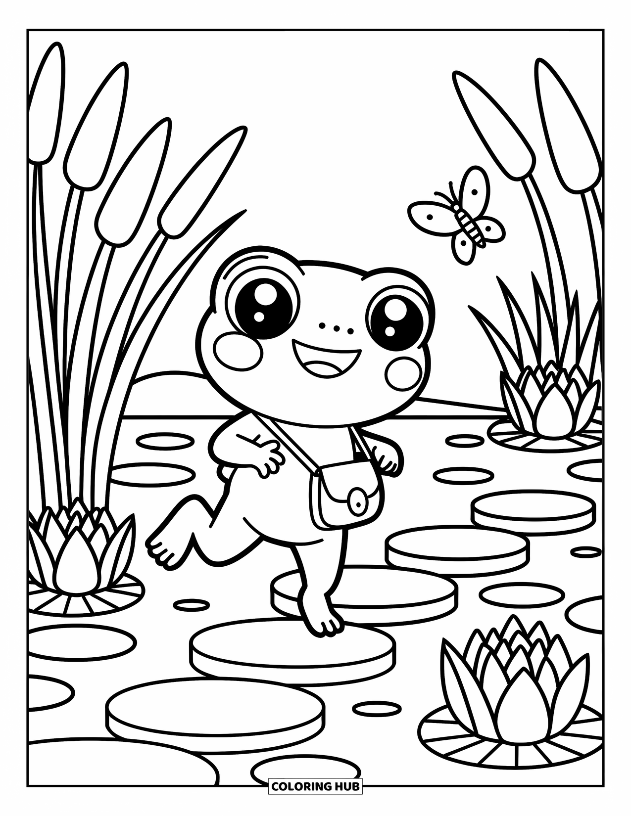 Frog Coloring Page for Adults: A frog carrying a pouch hops on stepping stones in a flower-filled garden