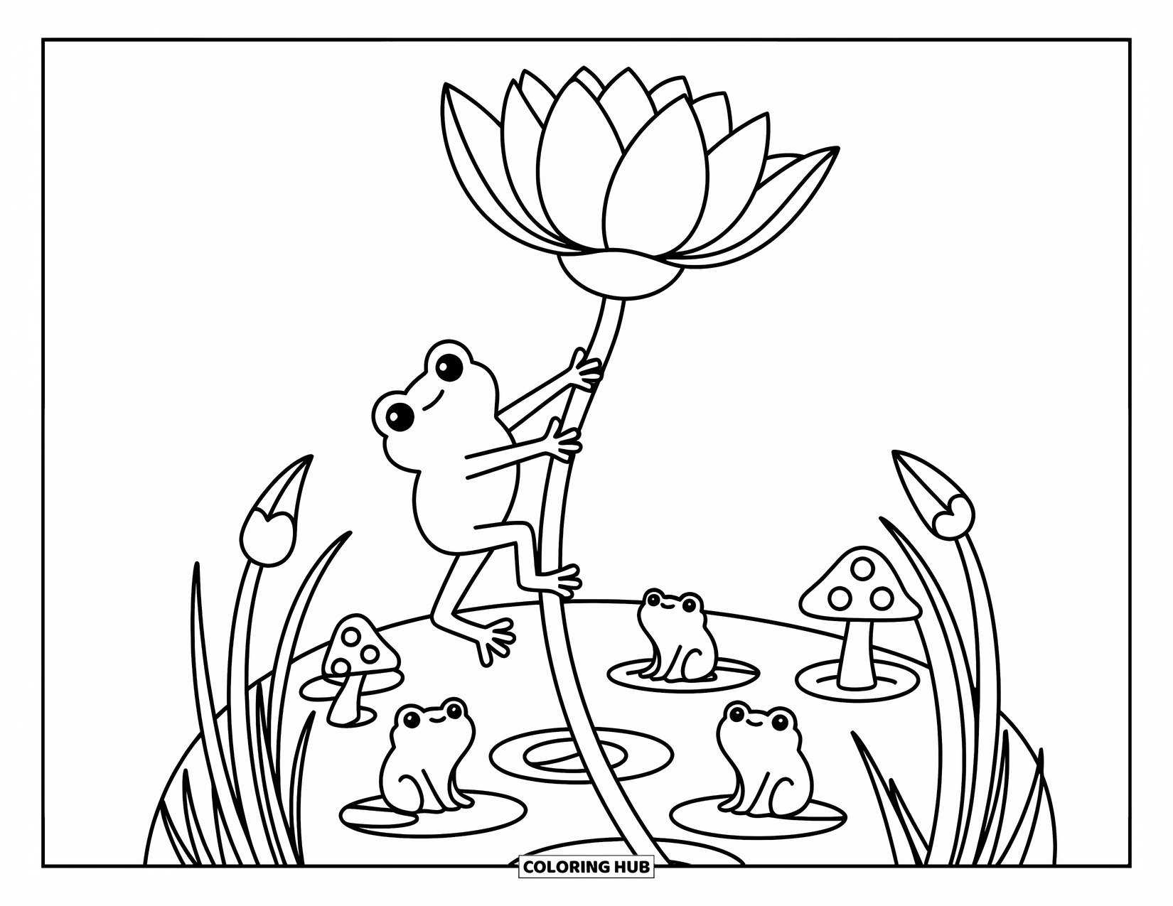 Frog Coloring Page for Adults: A frog climbs a tall flower stalk while others relax on lily pads below