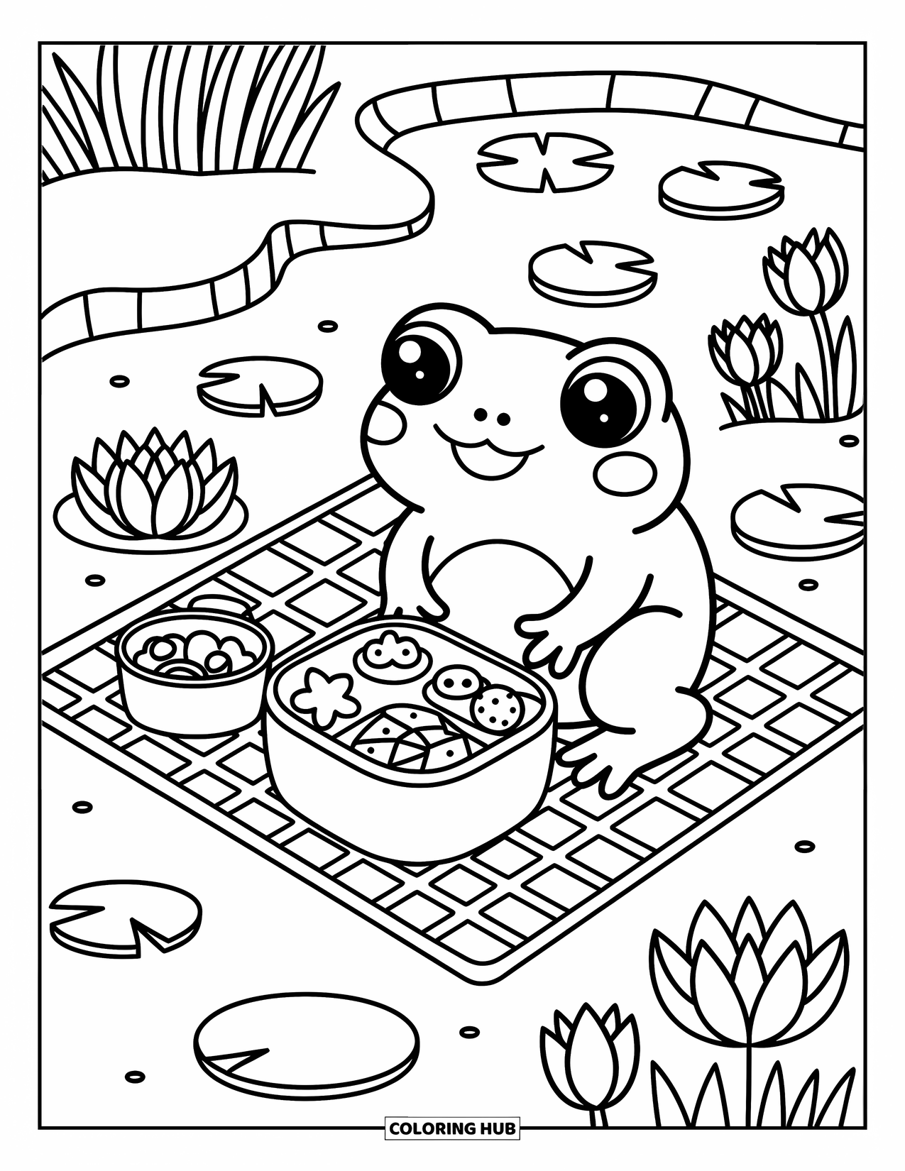 Frog Coloring Page for Adults: A frog enjoys a tiny bento lunch by the pond with flowers and a snack basket