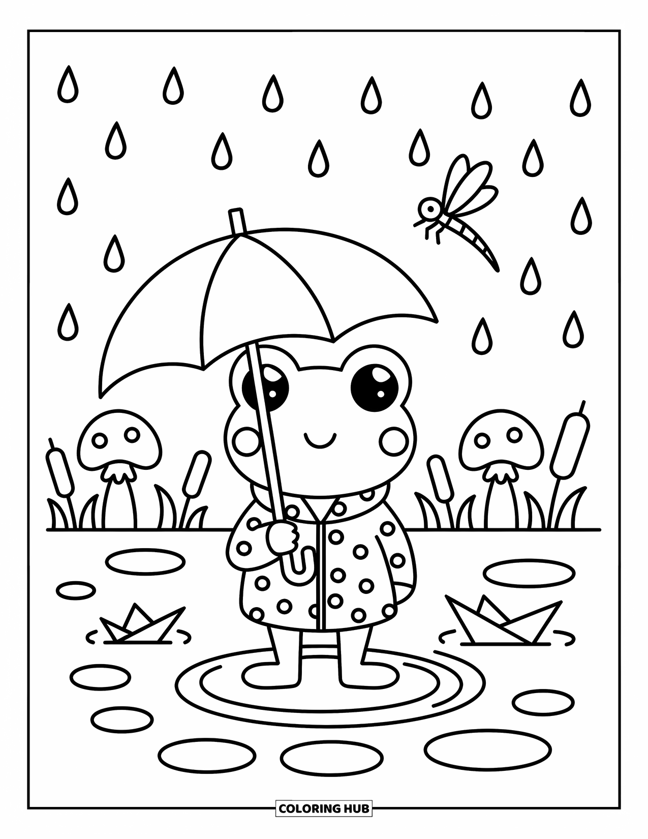 Frog Coloring Page for Adults: A frog in a raincoat holds an umbrella as raindrops fall near a floating paper boat