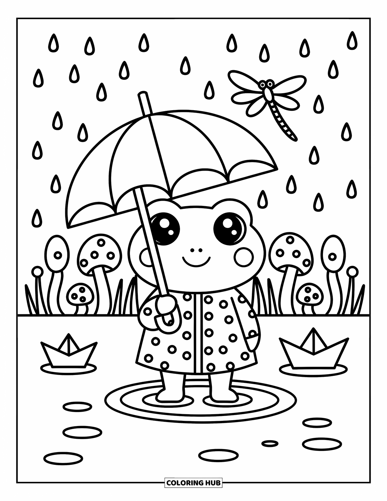 Frog Coloring Page for Adults: A frog in a raincoat holds an umbrella in a puddle near mushrooms and a dragonfly