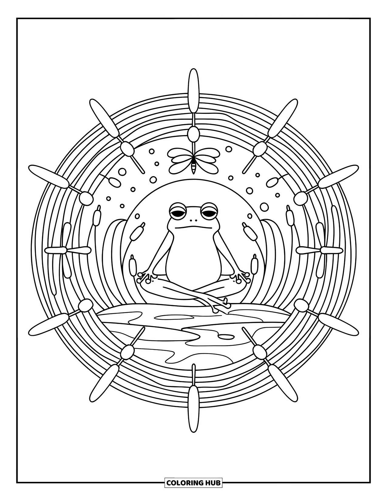 Frog Coloring Page for Adults: A frog in meditation rests inside a mandala of dragonflies, water lines, and cattails