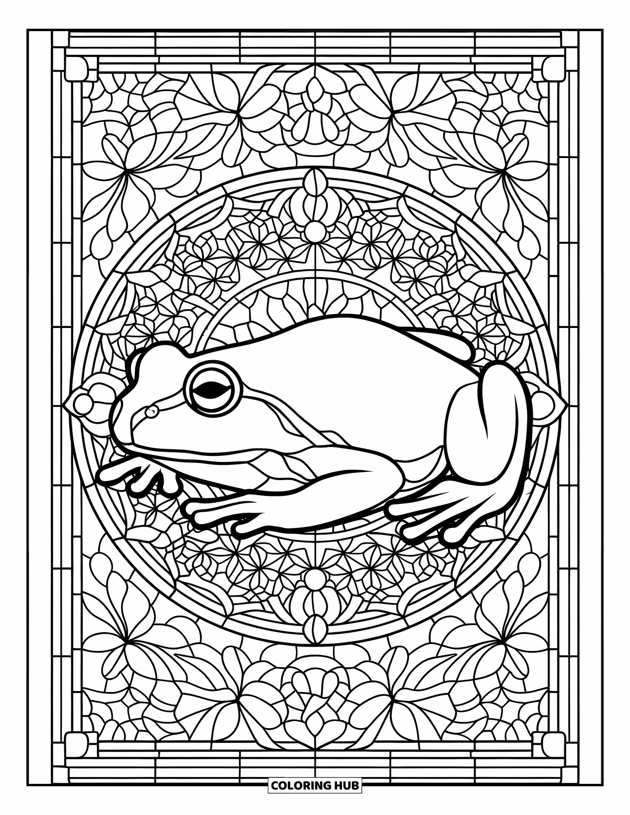Frog Coloring Page for Adults: A frog lies calmly within a stained glass design filled with flowers and shapes