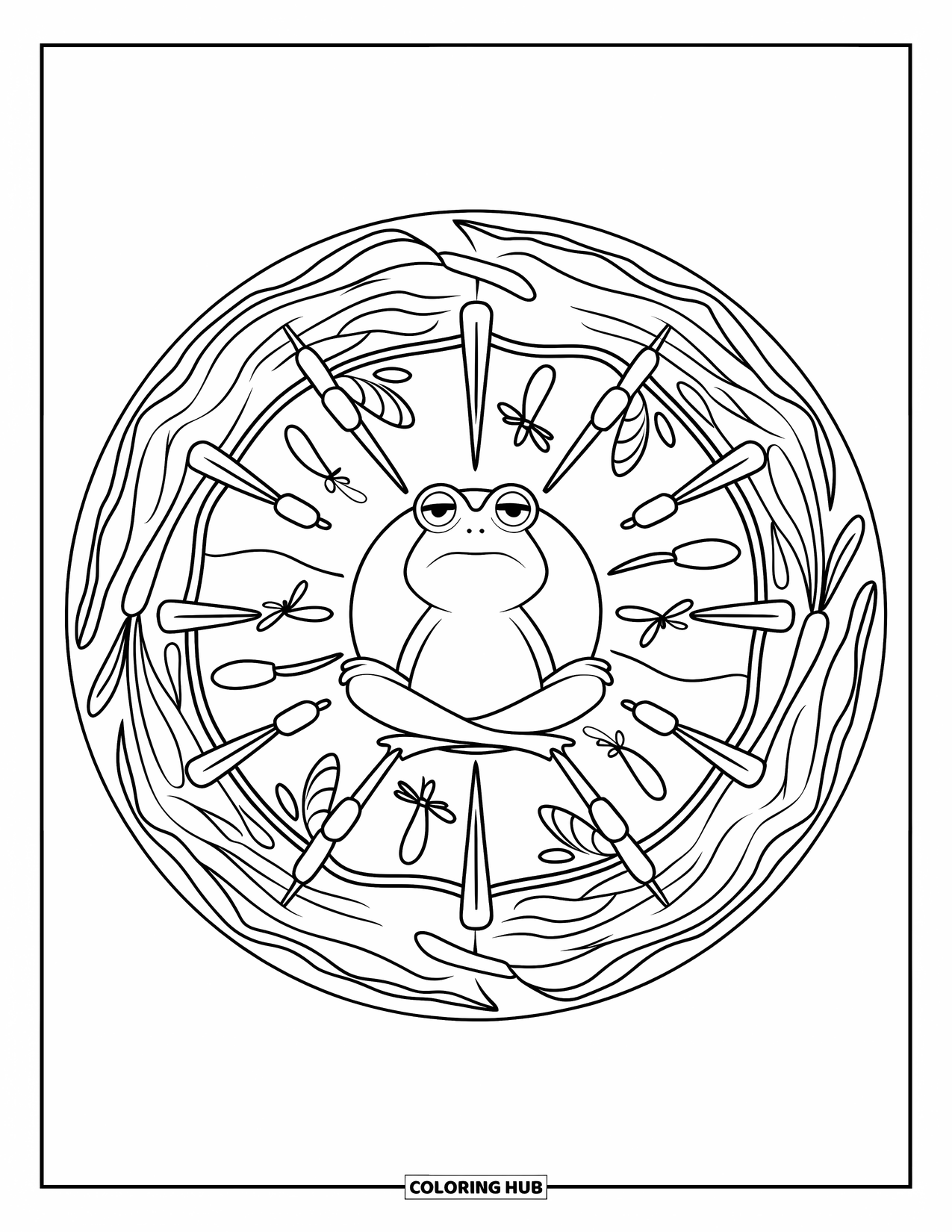 Frog Coloring Page for Adults: A frog meditates at the center of a mandala with cattails, dragonflies, and water lines