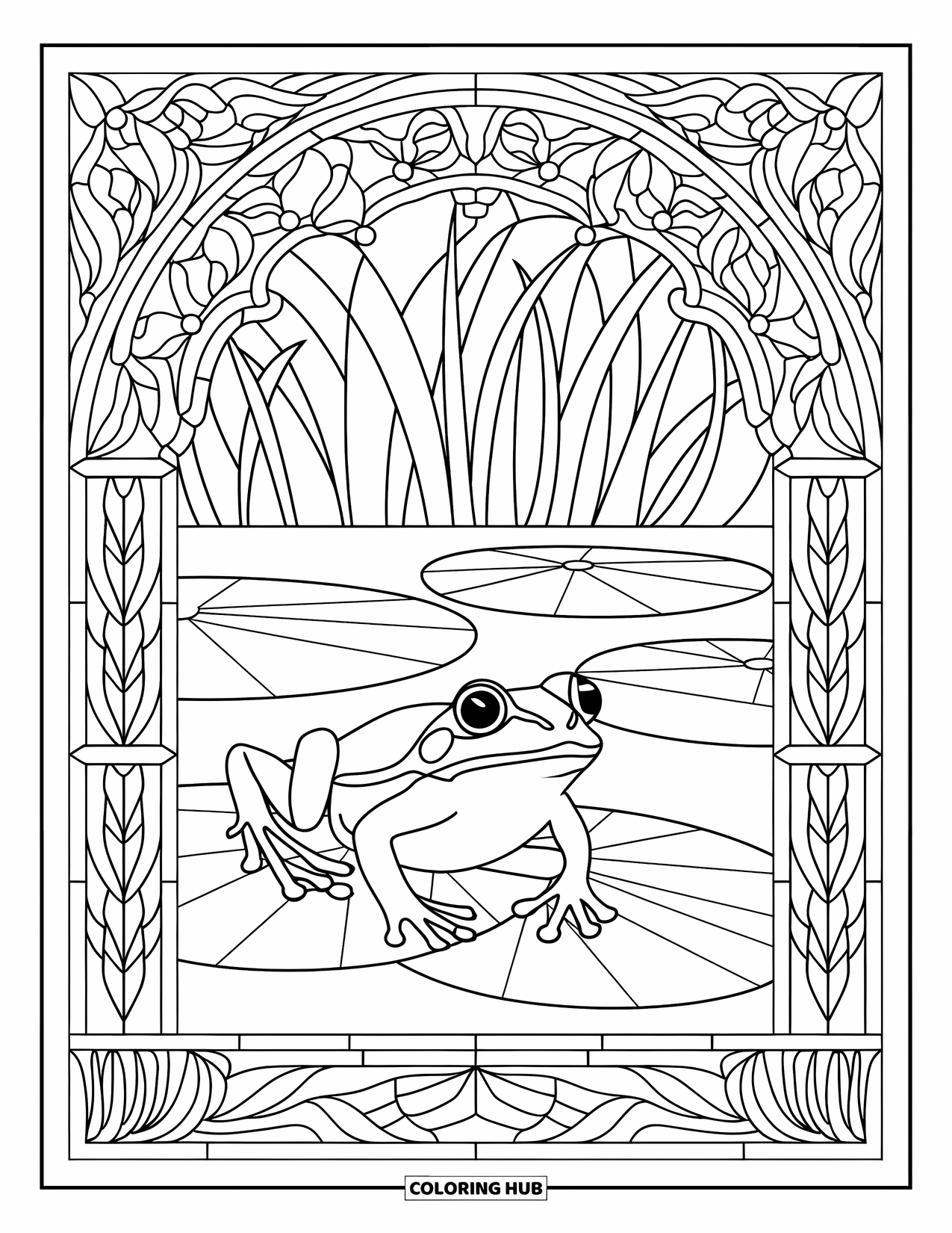 Frog Coloring Page for Adults: A frog on a lily pad is framed by stained glass filled with detailed patterns