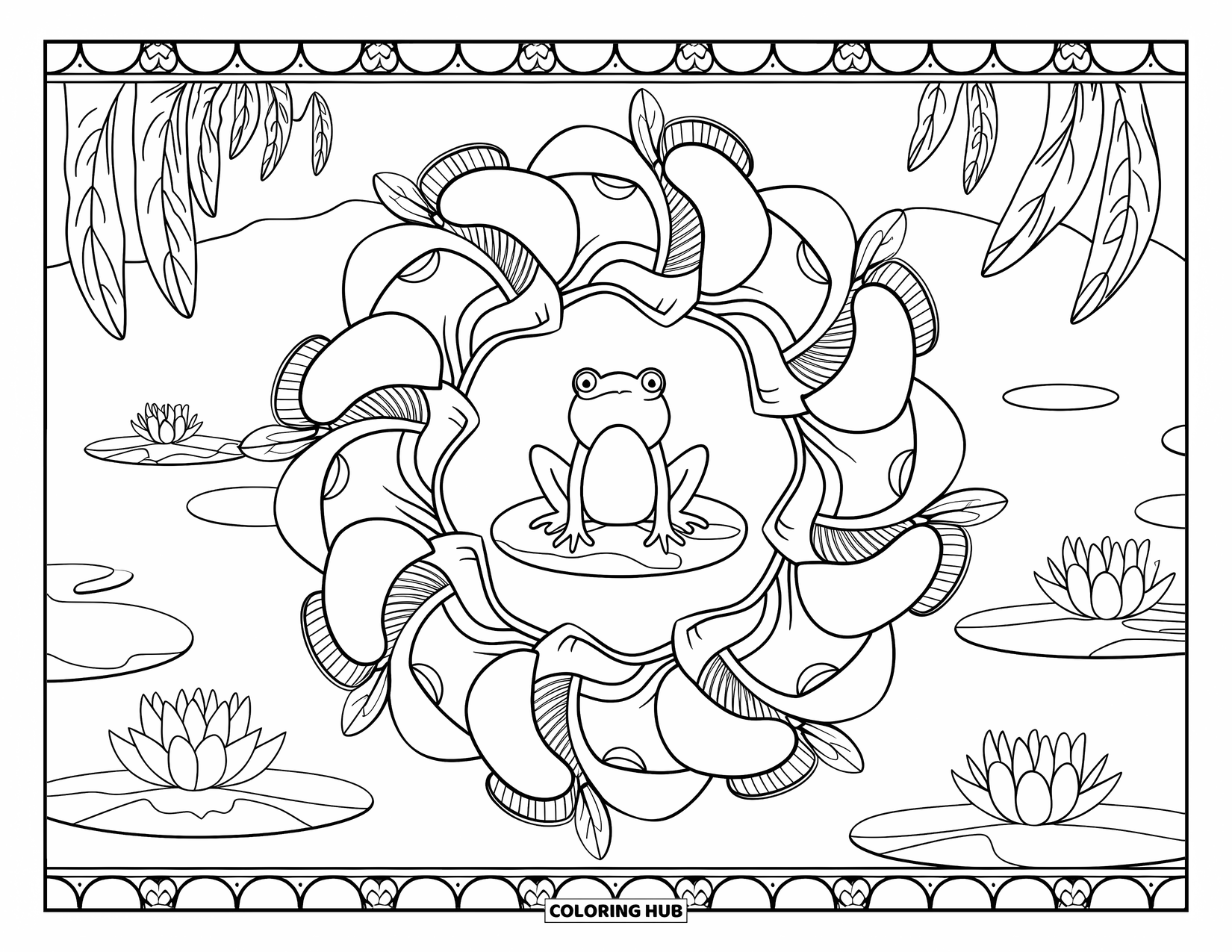 Frog Coloring Page for Adults: A frog on a lily pad rests in a mandala of mushrooms, ivy, and pond reeds