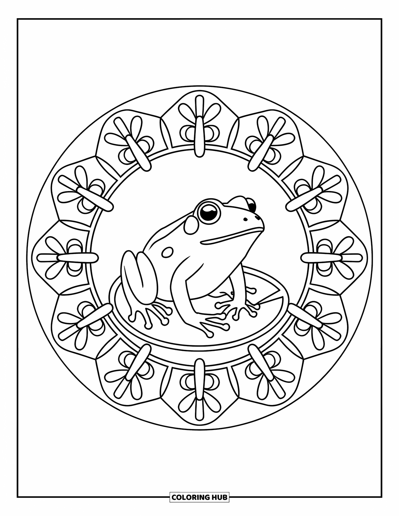 Frog Coloring Page for Adults: A frog on a lily pad sits inside a mandala of butterflies, flies, and leaves