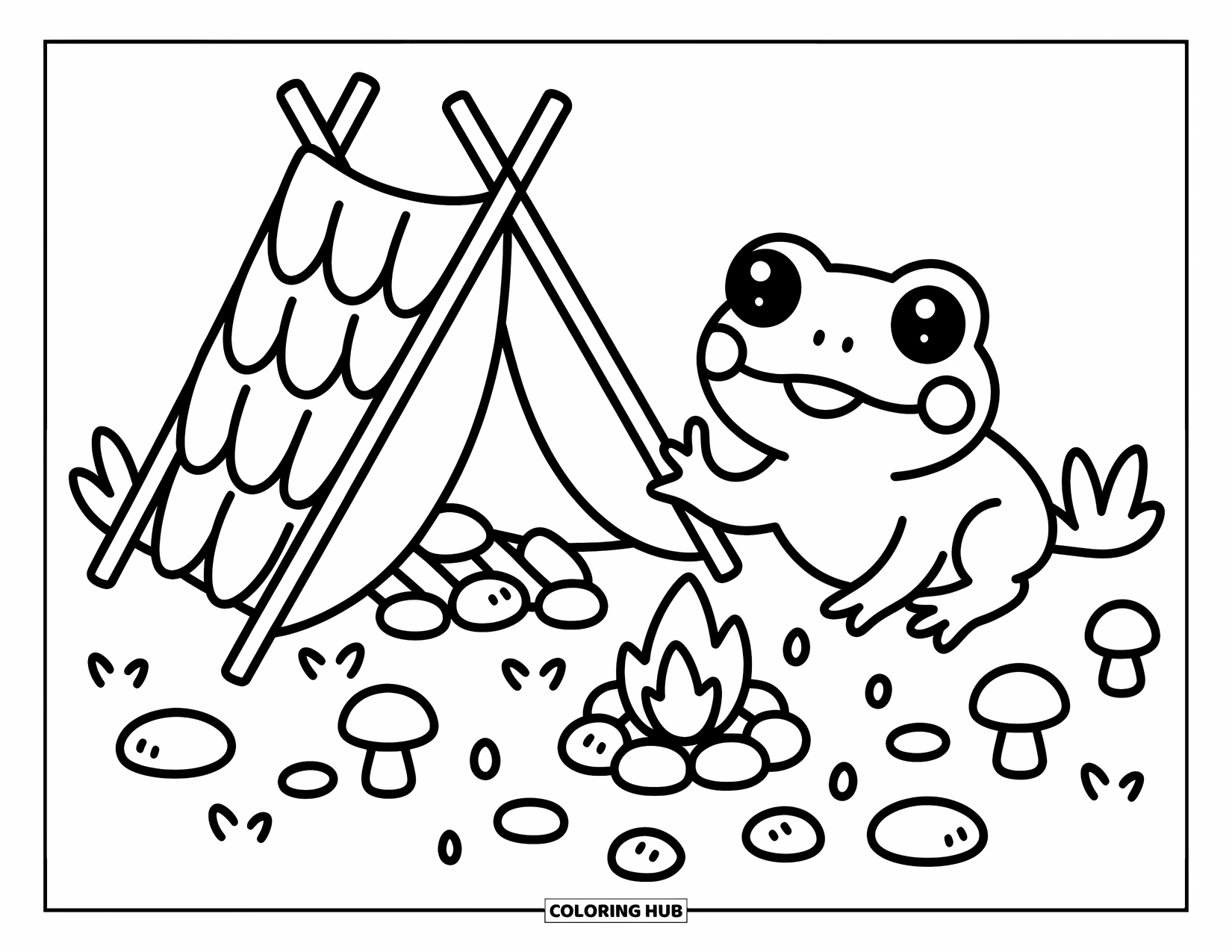 Frog Coloring Page for Adults: A frog sets up a leaf tent beside mushrooms and a tiny campfire made of acorns
