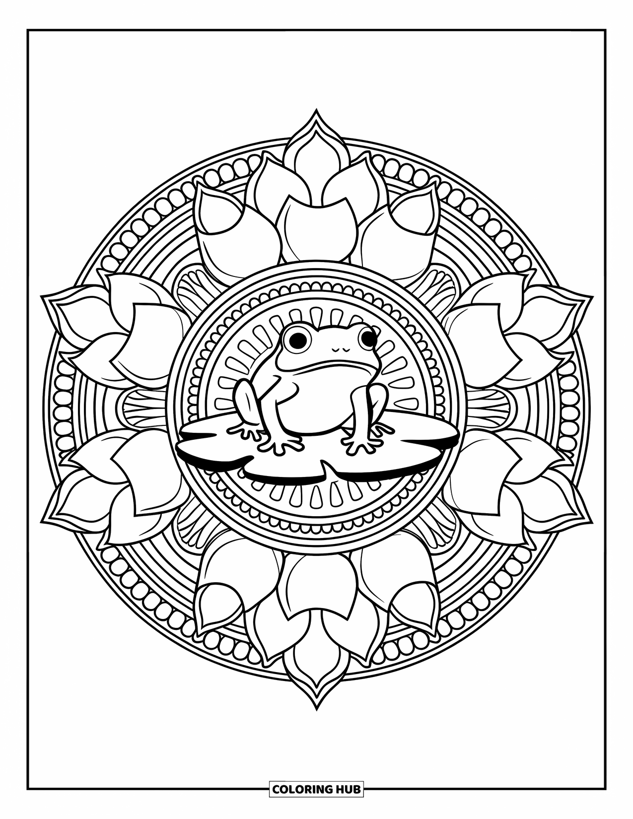 Frog Coloring Page for Adults: A frog sits calmly on a lily pad within a lotus mandala of layered petals