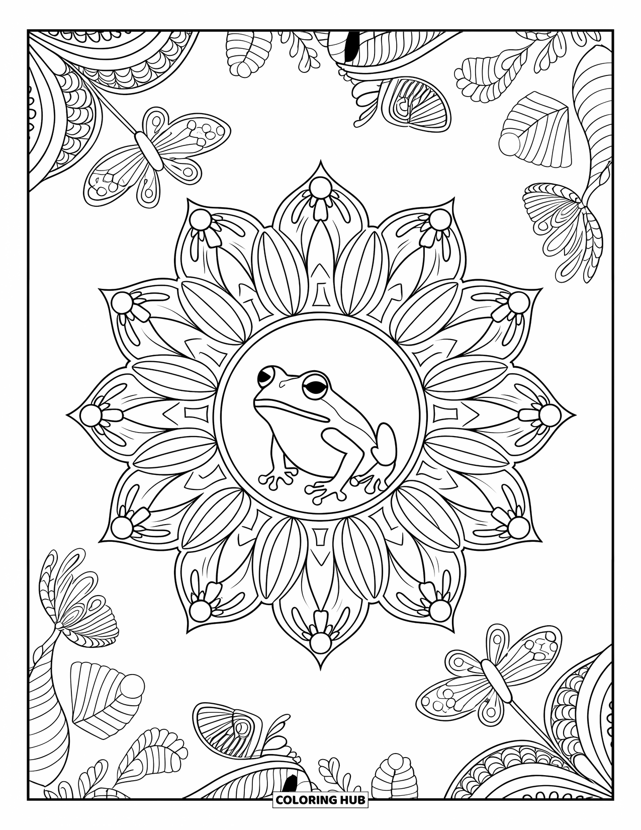 Frog Coloring Page for Adults: A frog sits in a mandala made of bugs and leaves, surrounded by intricate details