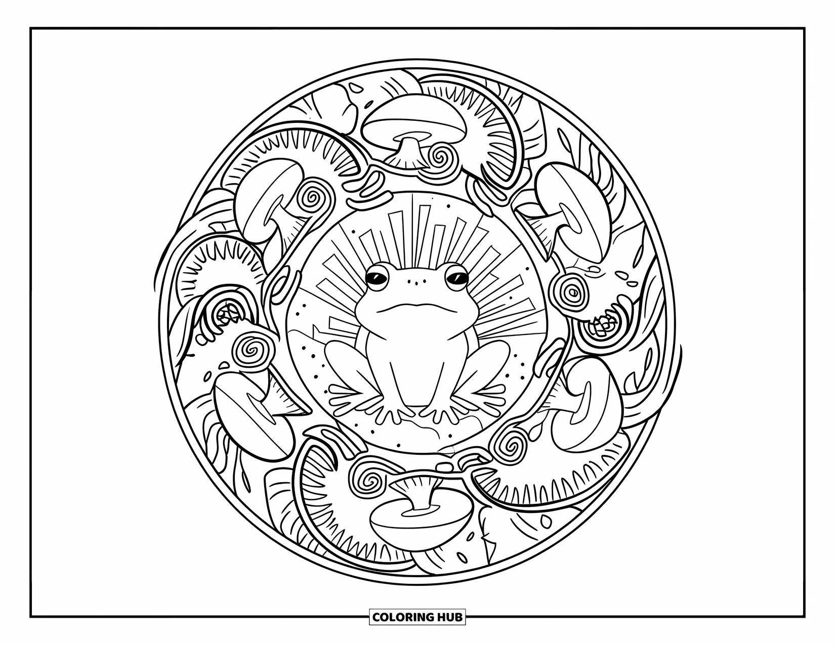 Frog Coloring Page for Adults: A frog sits in a mandala of mushrooms and pond plants with a decorative border