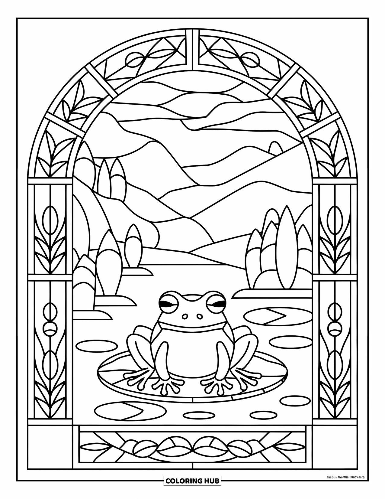 Frog Coloring Page for Adults: A frog sits in a pond scene surrounded by stained glass panels and mountain views