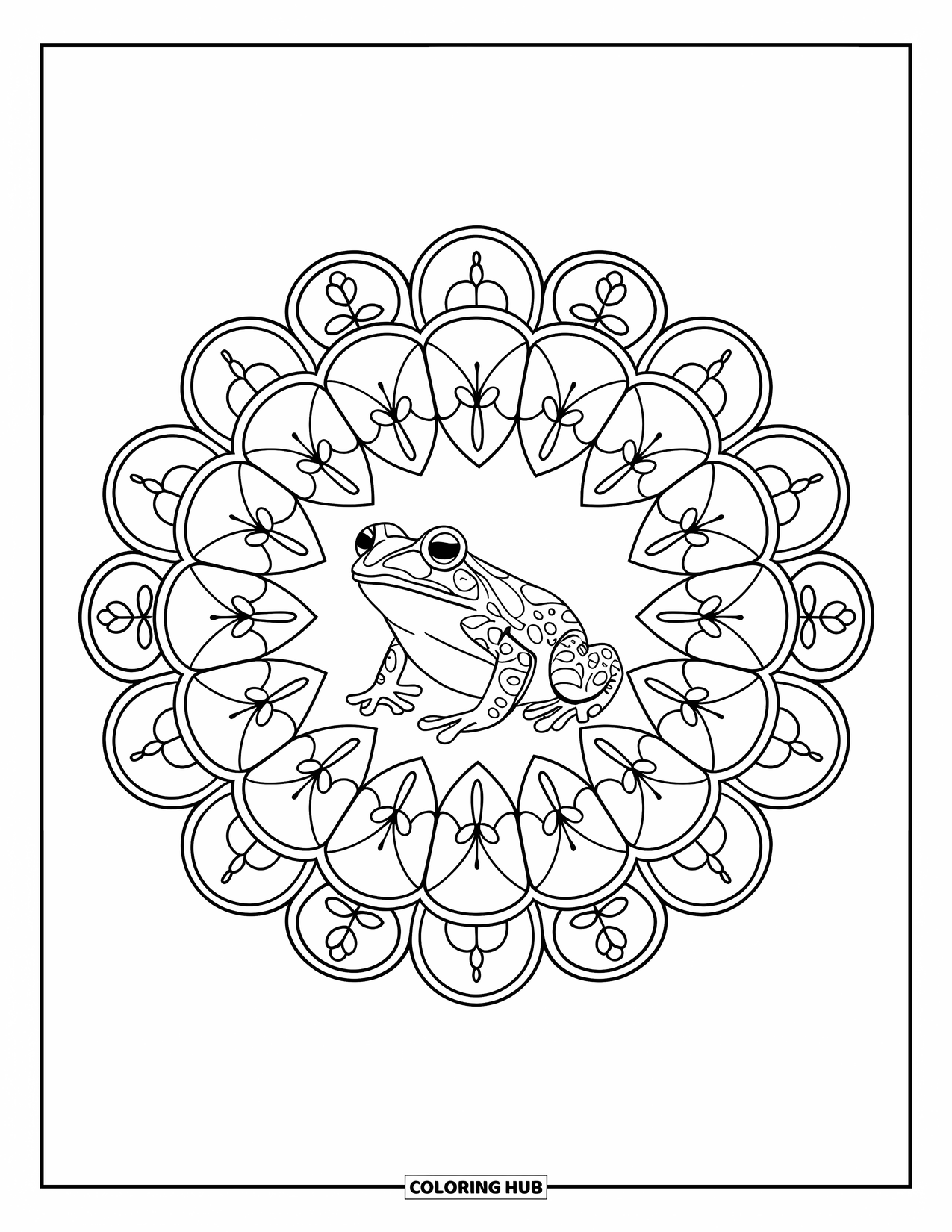 Frog Coloring Page for Adults: A frog sits in the center of a petal-like mandala filled with nature motifs