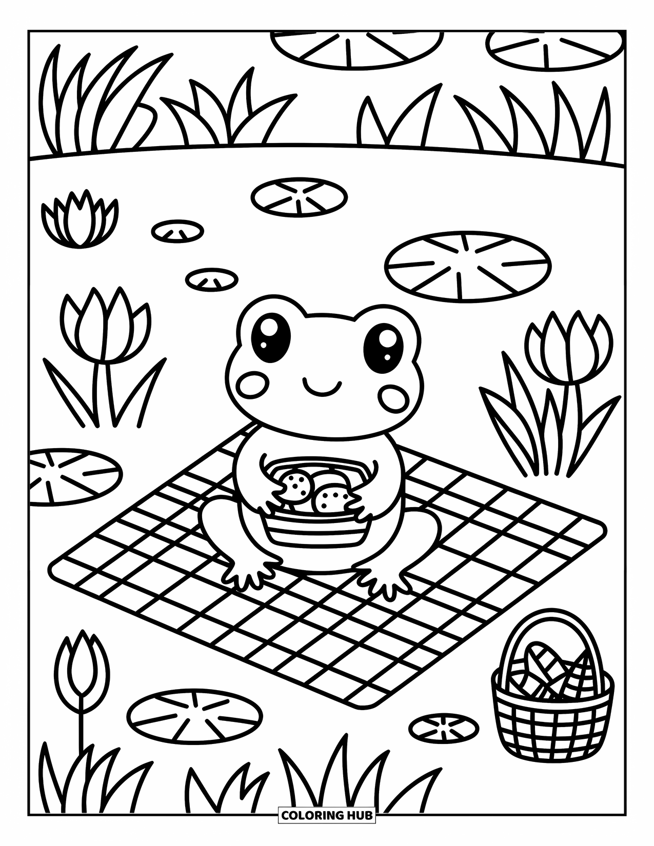 Frog Coloring Page for Adults: A frog sits on a picnic mat by the pond enjoying a bento and snacks