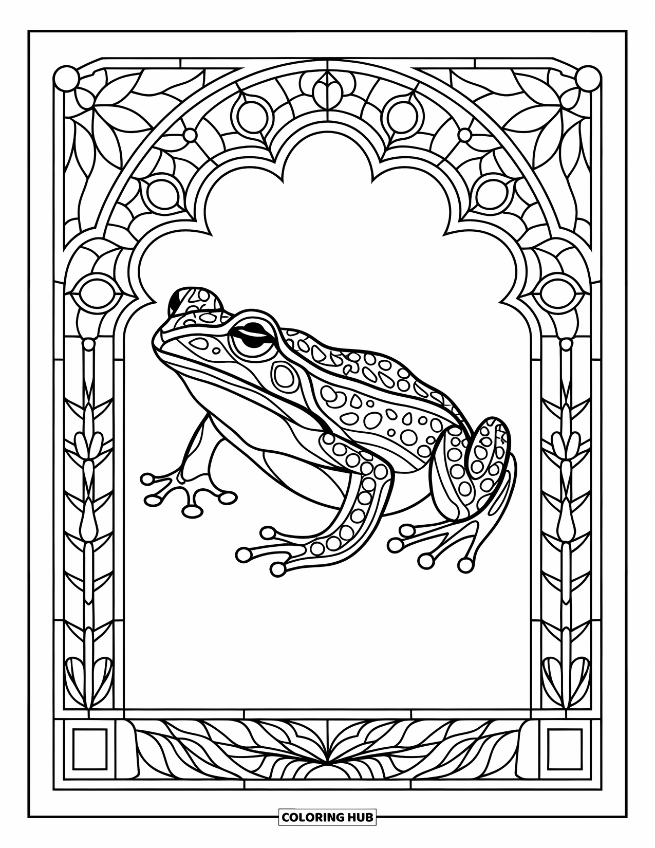 Frog Coloring Page for Adults: A frog sits peacefully inside a stained glass border filled with botanical designs