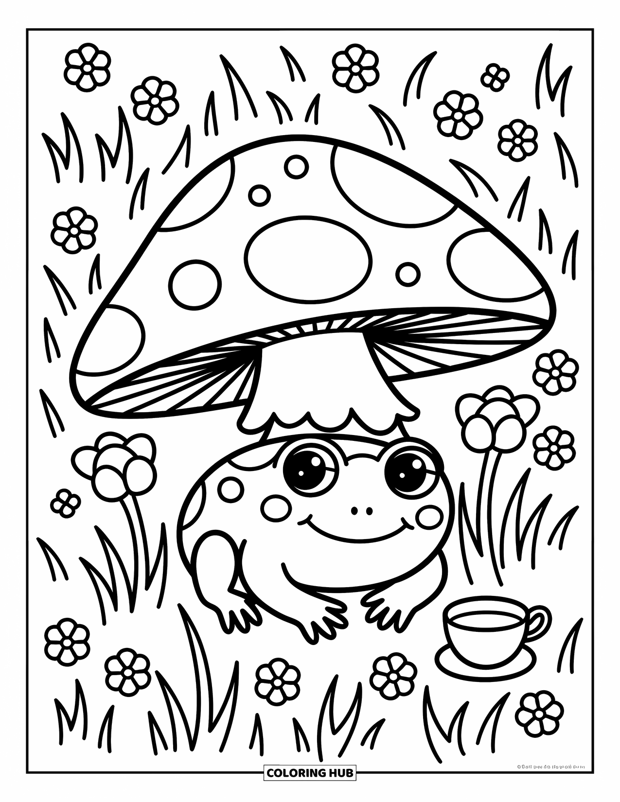 Frog Coloring Page for Adults: A frog sleeps peacefully beneath a mushroom surrounded by flowers and soft grass
