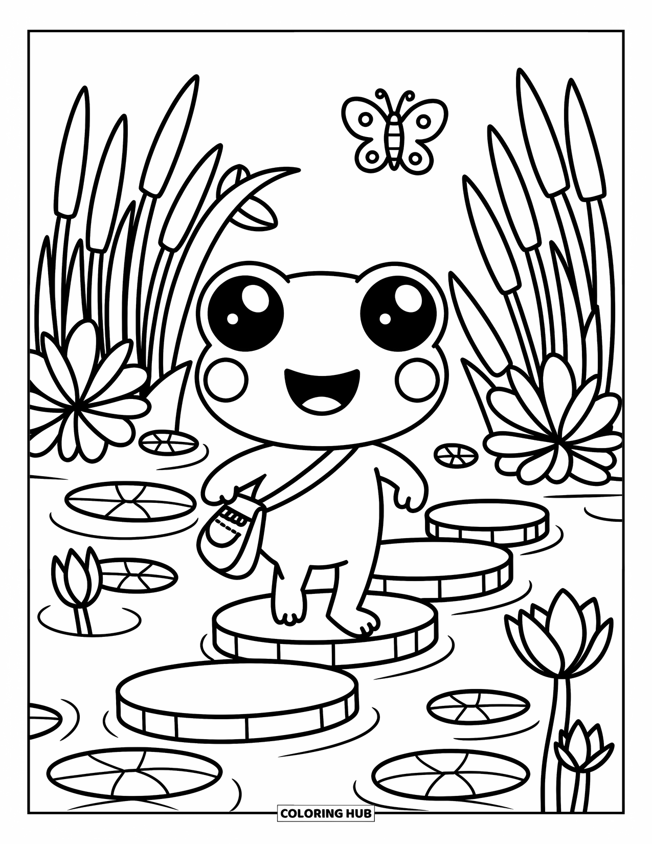 Frog Coloring Page for Adults: A frog with a pouch hops across stones in a lush, blooming water garden