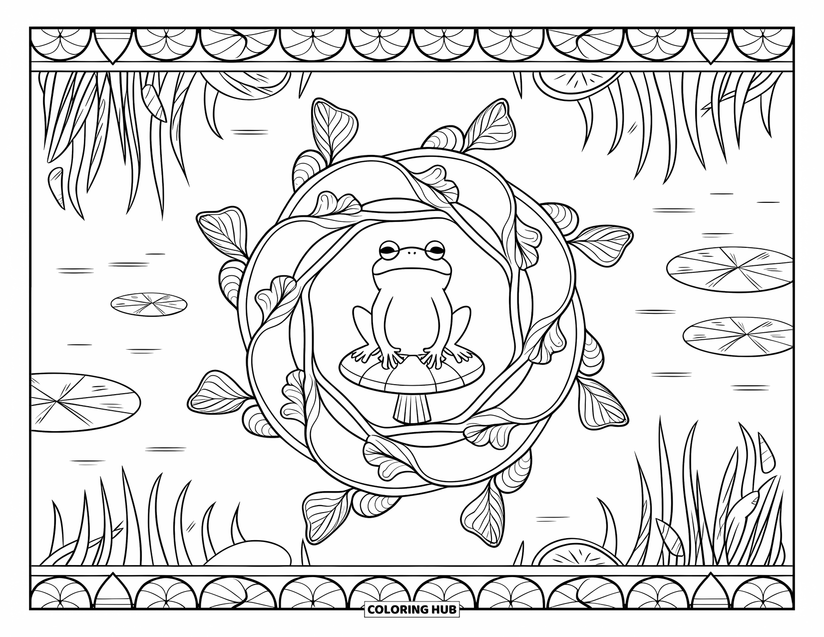 Frog Coloring Page for Adults: A frog with closed eyes sits on a mushroom inside a pond-themed mandala