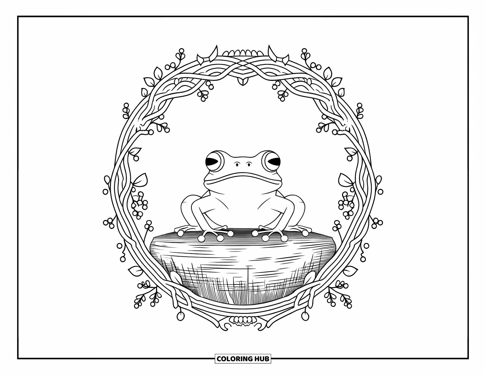 Frog Coloring Page for Adults: A frog with wide eyes sits on a stone, framed by vines, leaves, and berries